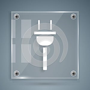 White Electric plug icon isolated on grey background. Concept of connection and disconnection of the electricity. Square