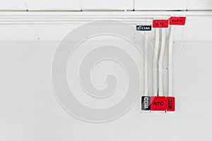 White electric PVC pipe in red and black are connected to power lines or electrical wires, Ethernet UTP cables, internet and light