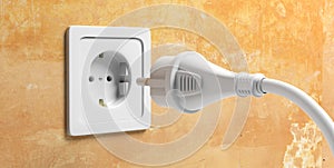 White electric socket and power plug on yellow wall. 3d illustration