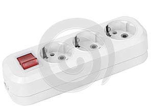 White electric splitter with red switching for for simultaneous switching of several electrical appliances, isolated on white