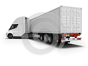 White electric tractor with trailer for traveling long distances rear view 3d render on white background with shadow