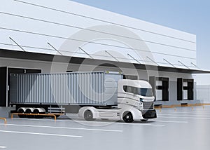 White electric truck parking in front of modern logistics center