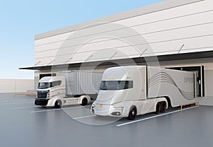 White electric trucks parking in front of modern logistics center