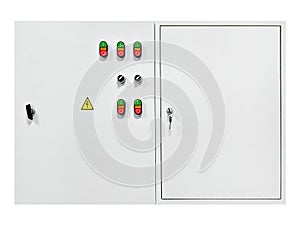 White electrical control cabinet isolated on white background