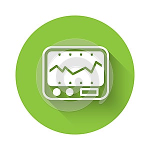 White Electrical measuring instrument icon isolated with long shadow. Analog devices. Measuring device laboratory