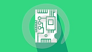 White Electronic computer components motherboard digital chip integrated science icon isolated on green background