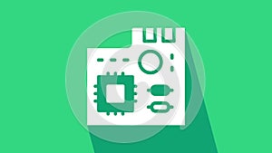 White Electronic computer components motherboard digital chip integrated science icon isolated on green background
