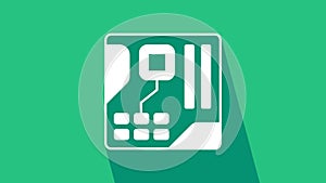 White Electronic computer components motherboard digital chip integrated science icon isolated on green background