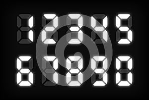 White electronic numbers on black background. LED clock. Digital Watch. Electronic dial. Digital alarm clock. Vector