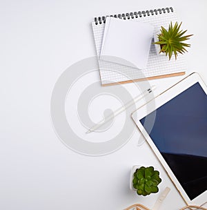 white electronic tablet with a blank screen and a pencil, near pots with green plants