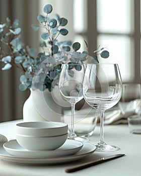 White elegant dining table setup, blurry white background with copy space, depth of field, green plants,