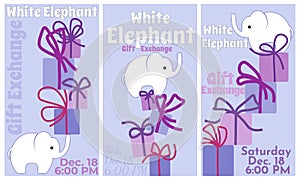 White elephant gift exchange card set, set of vertical card or flyer design for traditional holiday game