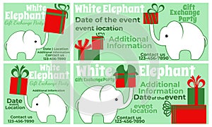 White elephant party, set of square cards and horizontal invitation designs in red and green colors