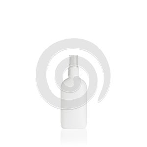 White elliptical medium PEHD bottle container with spray pump on white background. Packaging of antiseptic. Template of a bottle