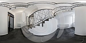 White emergency and evacuation exit spiral stair in up ladder with halogen lamps. full seamless spherical hdri panorama 360