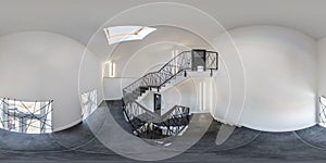 White emergency and evacuation exit spiral stair in up ladder with halogen lamps. full seamless spherical hdri panorama 360