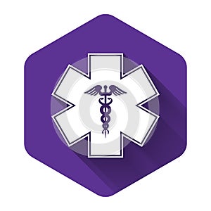 White Emergency star - medical symbol Caduceus snake with stick icon isolated with long shadow. Star of Life. Purple