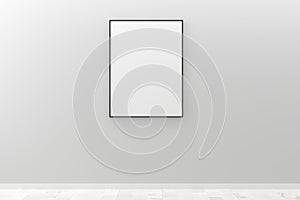 White empty blank picture or poster frame template mock up design hanging on white wall and wooden floor background in room with
