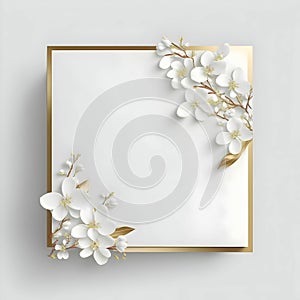 White empty card with golden borders and white flowers on sides