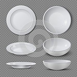 White empty ceramic plate in different points of view isolated vector illustration