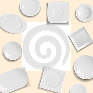 White empty ceramic plates in different points of view on frame isolated vector illustration. Plates and dishes clean