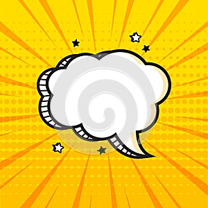 White empty comic speech bubble with halftone dots shadow and stars on yellow background in pop art style. Vector