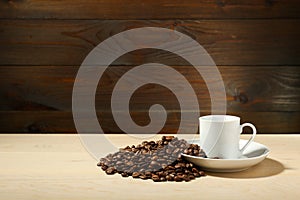 White empty cup and coffee beans are on a wooden background