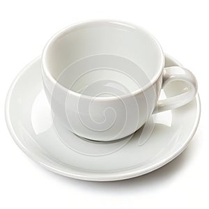 Empty white cup on plate isolated