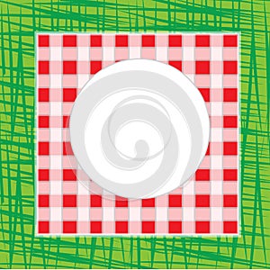 White empty dish on a red and white checkered cloth