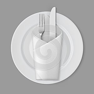 White Empty Flat Round Plate Silver Fork Knife Envelope Napkin