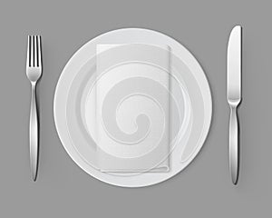 White Empty Flat Round Plate Silver Fork Knife Rectangular Napkin