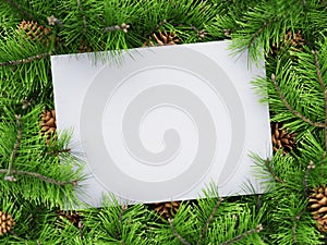 White empty frame with copy space surrounded with green Christmas tree branches and pine cones