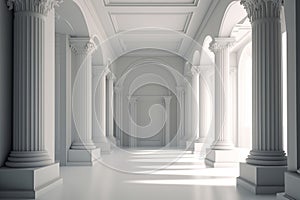 White empty hall with columns. Minimalistic interior space in a classic style, indoors. creative generative ai