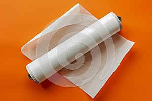 White Empty Hygiene Soap Dispenser on Orange Background with Paper Towel High Angle View