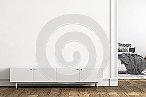White empty interior with dresser, door and decor.