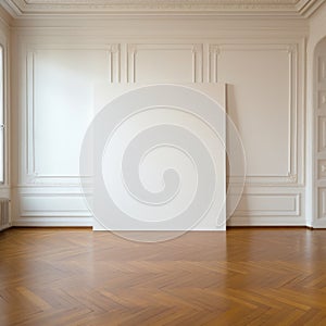 A white empty painting in an art gallery stands on the parquet floor