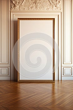 A white empty painting in an art gallery stands on the parquet floor