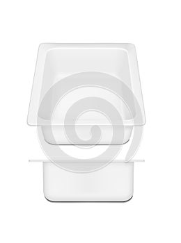 White empty plastic container for cheese. Packaging for meat, fish and vegetables