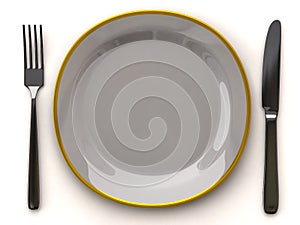 White empty plate with fork and knife