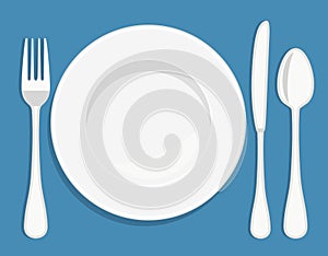 White empty porcelain plate with spoon, knife and fork. Vector illustration in flat style.