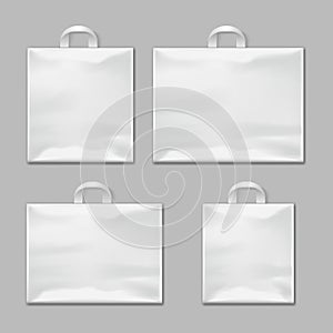 White empty reusable plastic shopping bags with handles vector templates, design mockups