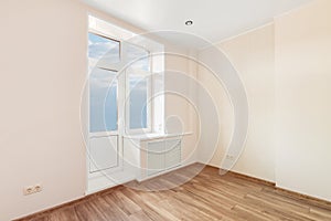 White empty room with big window and wooden floor. Loft interior mock up. 3d render home blank space