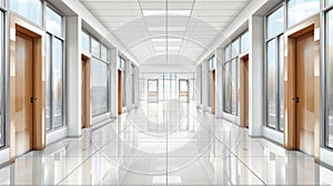 White empty room with many wooden doors and a large window. Illustration of a modern building interior for a hospital