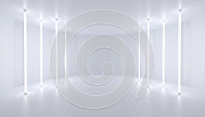 White empty room, reflections vertical lamps, abstract background stage. 3d render