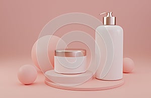 White empty skin care bottle and cream jar. Abstract soft pink background. 3d visualization