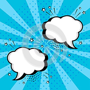 White empty speech bubbles with stars and dots on blue background. Comic sound effects in pop art style. Vector illustration