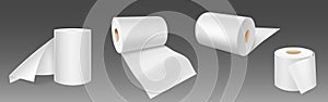 White empty toilet paper rolls stand and lay.