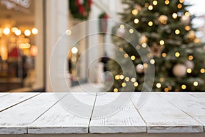 White The empty wooden table top with blur background of Christmas photo