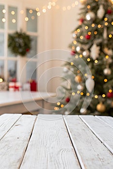 White The empty wooden table top with blur background of Christmas photo