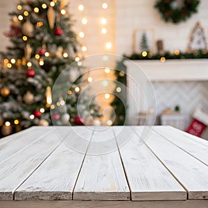 White The empty wooden table top with blur background of Christmas photo